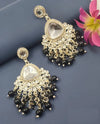 Silver-Plated Kundan Chandelier Earrings with Black Beaded Drops -by Tessara