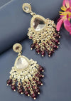 Silver-Plated Kundan Chandelier Earrings with Dark Maroon Beaded Drops -by Tessara