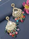 Silver-Plated Kundan Chandelier Earrings with Multicolor Beaded Drops -by Tessara