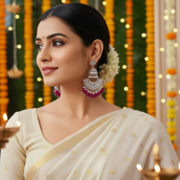 Tessara Silver Kundan Pearl Chandbali with Wine Beads