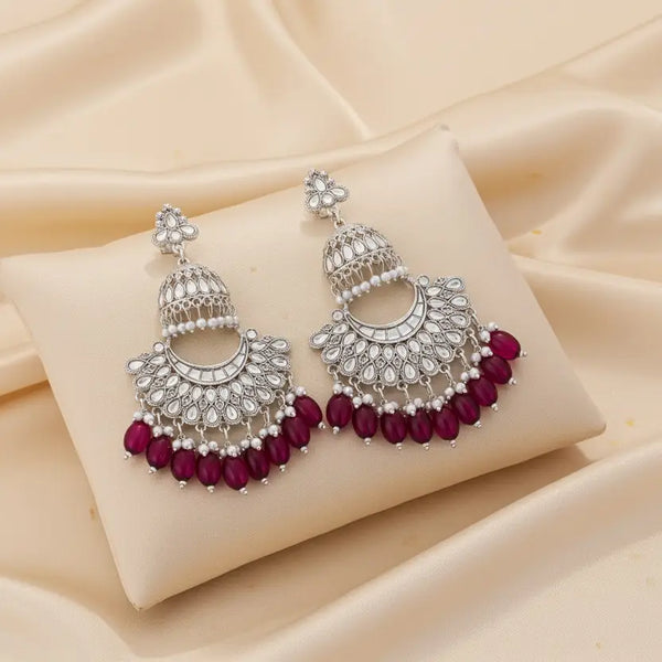 Tessara Silver Kundan Pearl Chandbali with Wine Beads