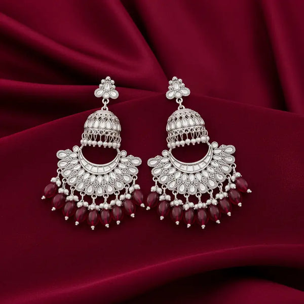 Tessara Silver Kundan Pearl Chandbali with Wine Beads