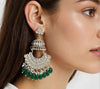 Polki Chandbali Earrings with Emerald Green Drops -by Tessara