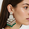 Kundan Earrings with Elegant Green Bead Drops -by Tessara