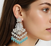 Traditional Kundan Earrings with White Pearls & Sky Blue Bead Drops-by Tessara