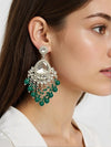 Silver-Plated Kundan Chandelier Earrings with Green Beaded Drops -by Tessara