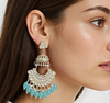 Gold Plated Kundan White Pearls Dangler Earrings Set(Sky Blue)-by Tessara