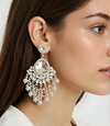 Silver-Plated Kundan Chandbali Earrings with White Pearls & Mirror Work -by Tessara