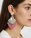 Silver-Plated Kundan Chandelier Earrings with Pink Beaded Drops -by Tessara