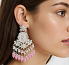 Elegant Kundan Chandelier Earrings with White & Pink Beads-by Tessara